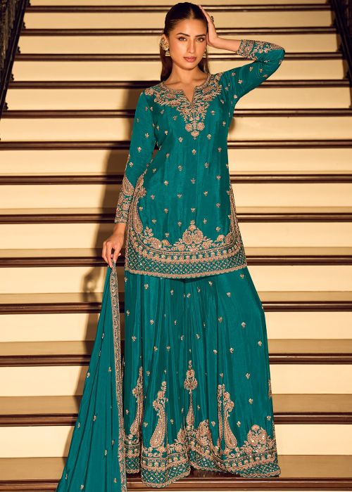 Teal Blue Chiffon Sharara Suit With Heavy Embroidery