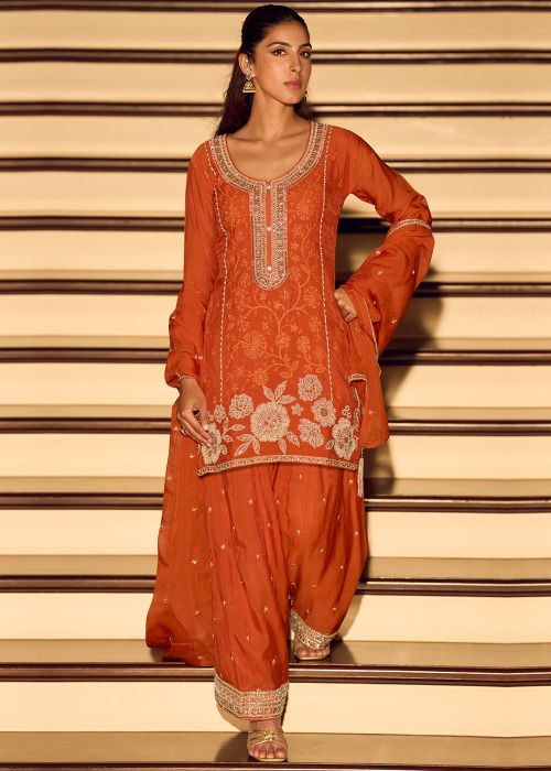 Rust Orange Chiffon Sharara Suit With Zari Embroidery