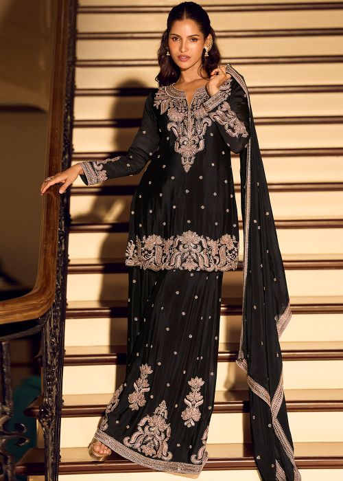 Black Chiffon Sharara Suit With Antique Embroidery