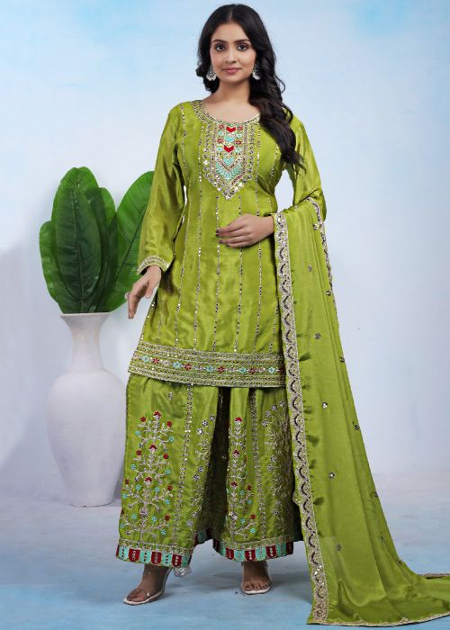 Green Chiffon Sharara Suit With Thread Embroidery