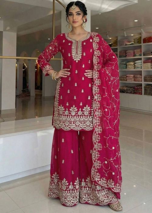 Dark Pink Art Silk Sharara Suit With Zari Work