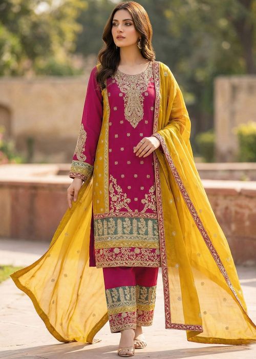 Pink Chiffon Pant Suit With Zari Work
