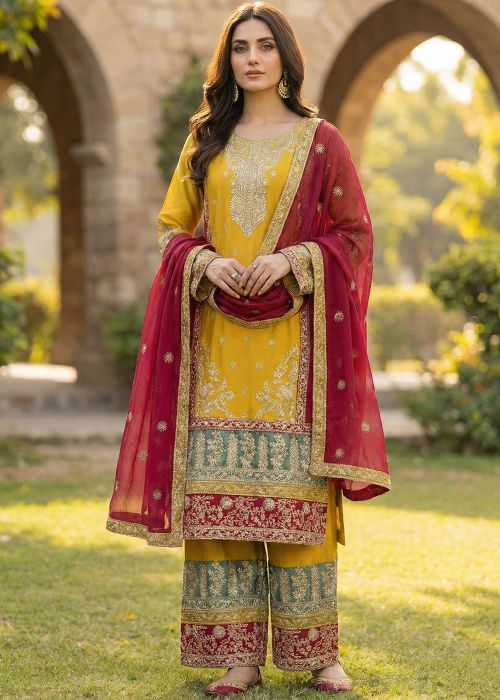 Yellow Chiffon Straight Cut Suit With Zari Work
