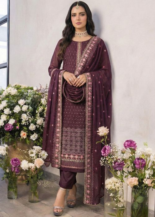 Wine Georgette Pant Suit With Thread Work