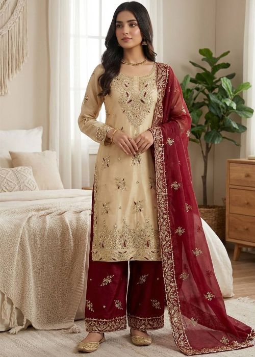 Beige Art Silk Pant Suit With Zari Work
