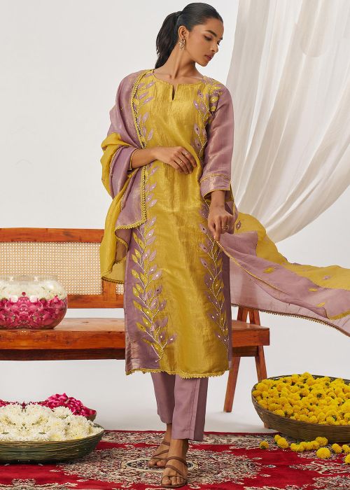 Mauve Purple Art Silk Pant Suit With Leaf Work