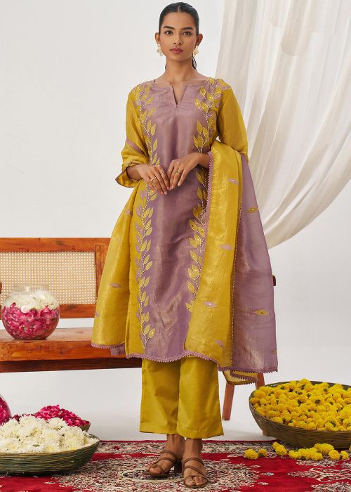 Yellow Art Silk Pant Suit With Thread Embroidery
