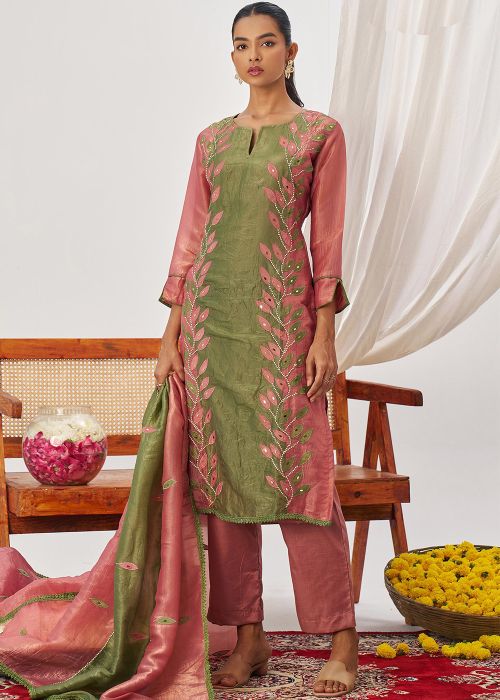 Pink & Green Pant Suit With Thread Work