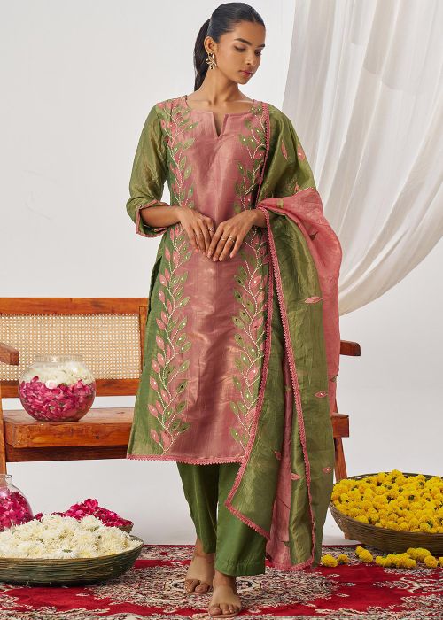Green & Pink Art Silk Pant Suit With Thread Work