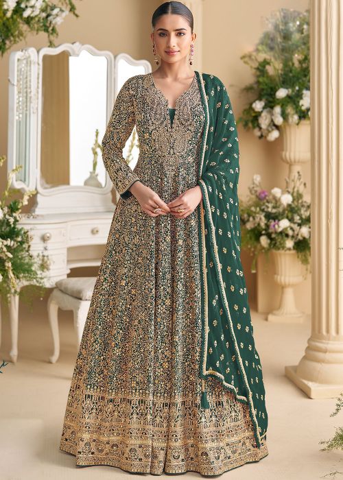 Green Georgette Abaya Style Suit With Stone Work
