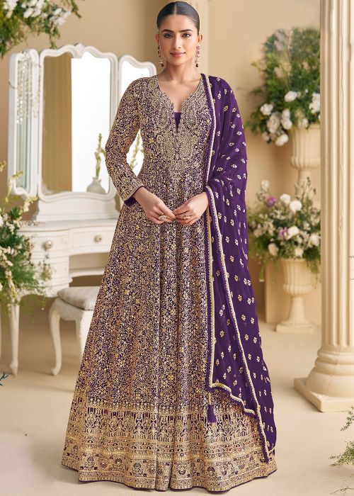 Purple Georgette Abaya Style Suit With Zari Embroidery