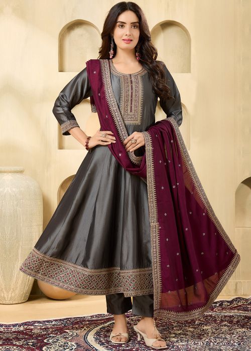 Charcoal Grey Silk Anarkali Suit With Zari Work