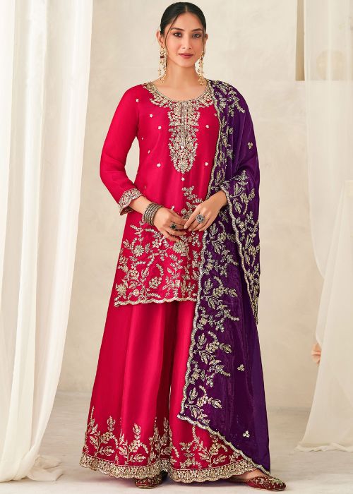 Pink Silk Palazzo Suit With Zari Embroidery