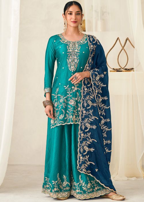 Teal Blue Silk Palazzo Suit With Sequin Detailing
