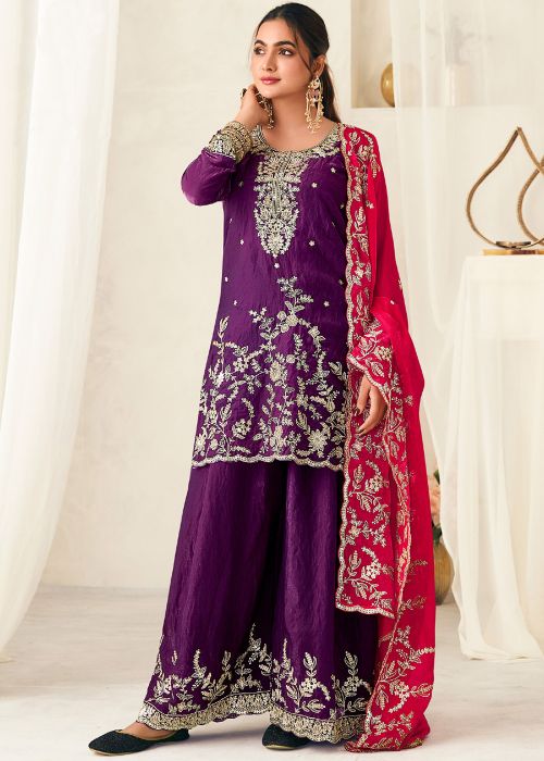 Purple Silk Palazzo Suit With Heavy Zari Embroidery
