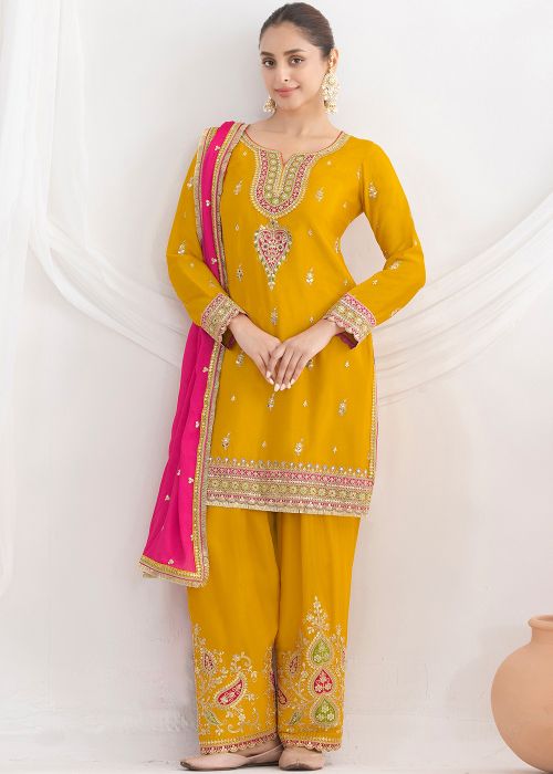 Yellow Chiffon Palazzo Suit With Dori Detailing