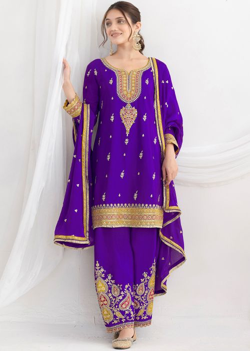 Purple Chiffon Palazzo Suit With Dori Highlights