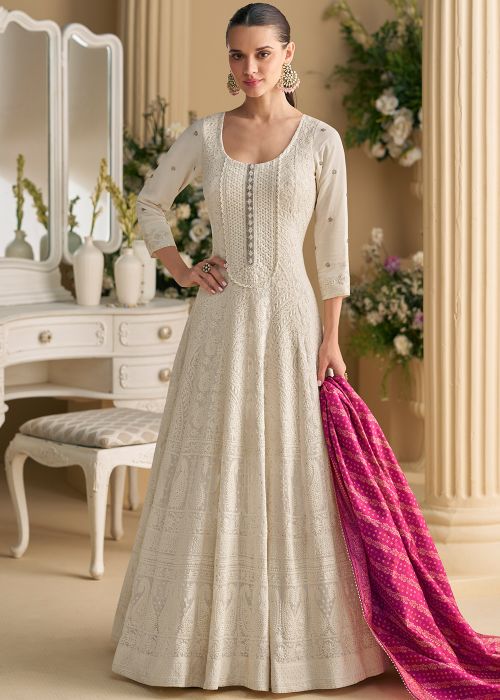 white anarkali dress Women's suit set with Skirt & Dupatta by Label Sha, White / XS XS Bust Afsana White Anarkali Suit XXL