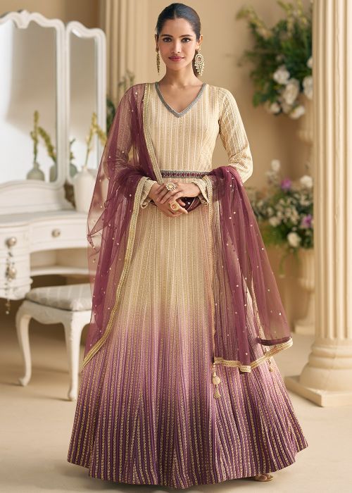 Shaded Cream Georgette Anarkali Suit With Sequin Details