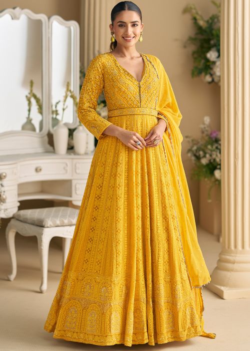 Yellow Georgette Anarkali Suit With Chikankari Accents