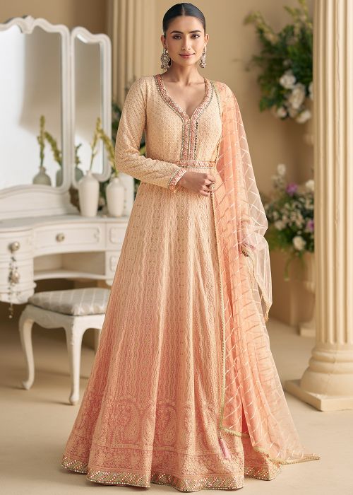 Peach Georgette Anarkali Suit With Chikankari Embroidery