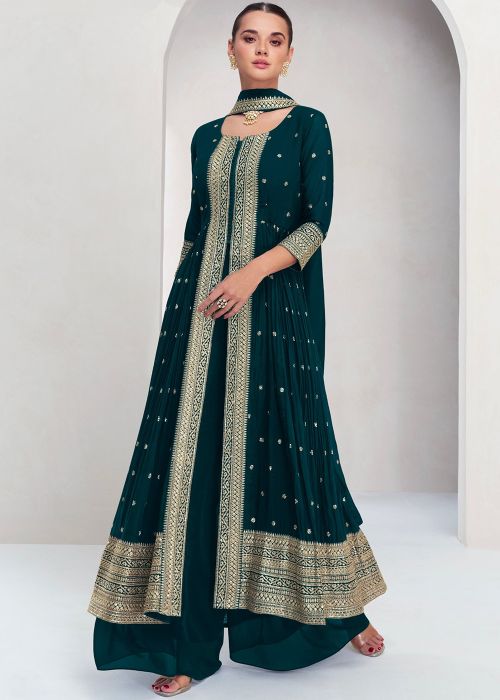 Teal Green Georgette Slitted Palazzo Suit With Zari Work