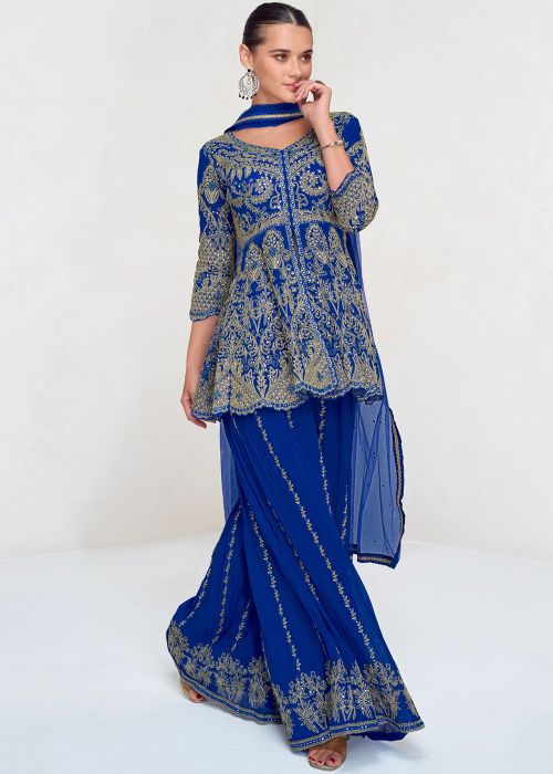 Royal Blue Georgette Slitted Palazzo Suit With Embroidery
