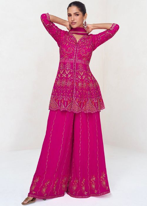Rani Pink Slit Style Sharara Suit With Zari Embroidery