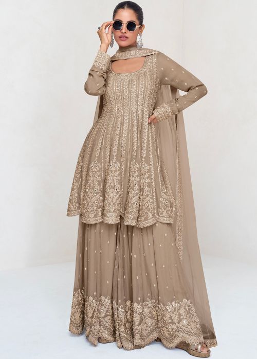 Beige Georgette Sharara Suit With Stone Embroidery