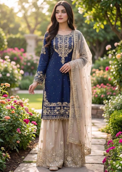 Navy Blue Art Silk Sharara Suit With Dori Embroidery