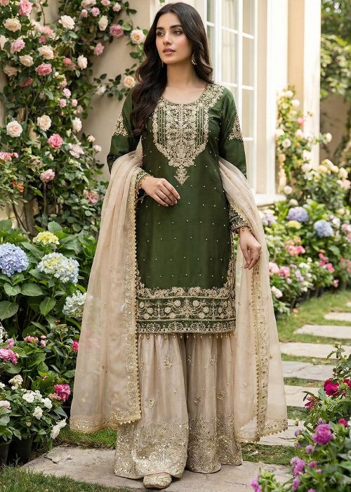 Green Art Silk Sharara Suit With Dori Work