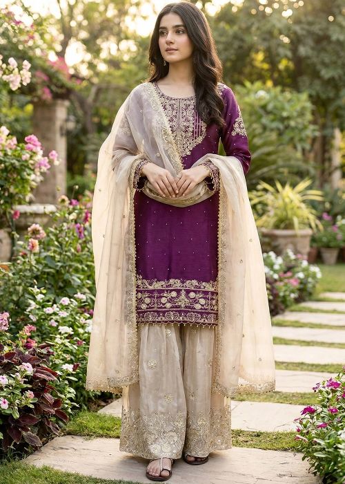 Purple Art Silk Sharara Suit With Beads Embroidery