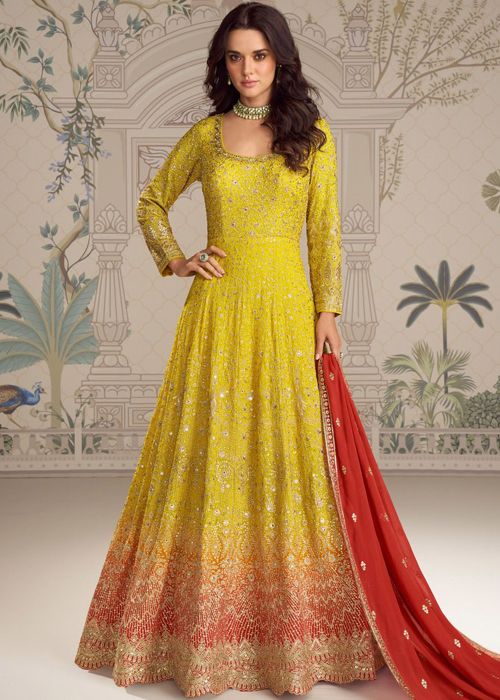 Yellow Georgette Abaya Suit With Zari Accents