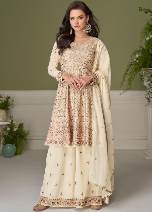 Cream Georgette Sharara Suit With Zari Work