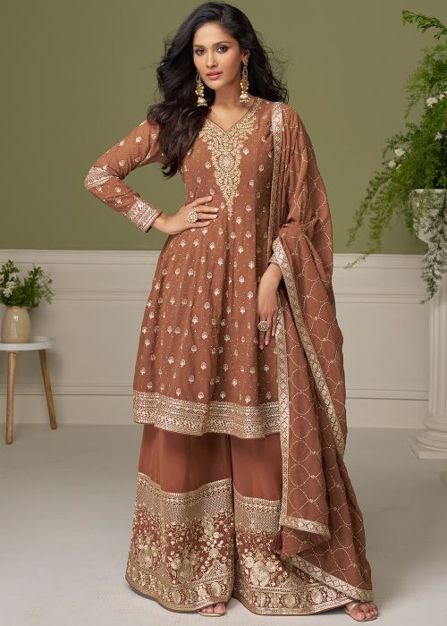 Brown Georgette Sharara Suit With Zari Motifs