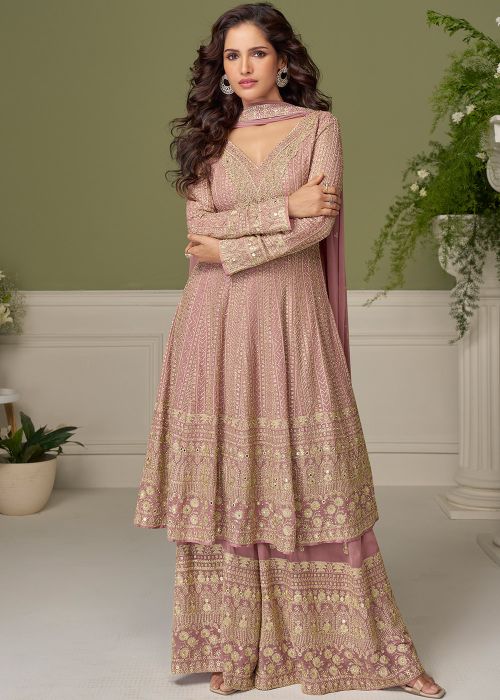 Pink Georgette Sharara Suit With Zari Accents
