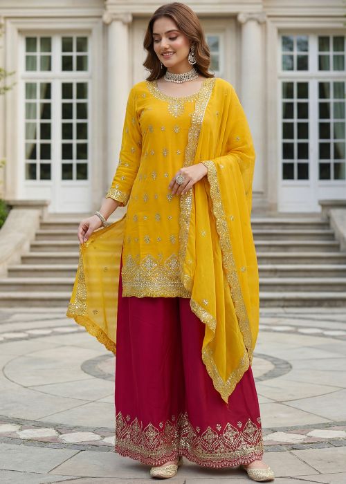 Yellow Chiffon Palazzo Suit With Thread Work