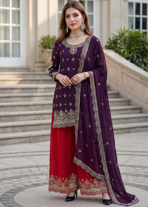 Purple Chiffon Palazzo Suit With Thread Detail