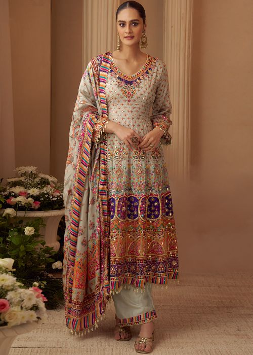 Grey Crepe Anarkali Suit With Printed Work