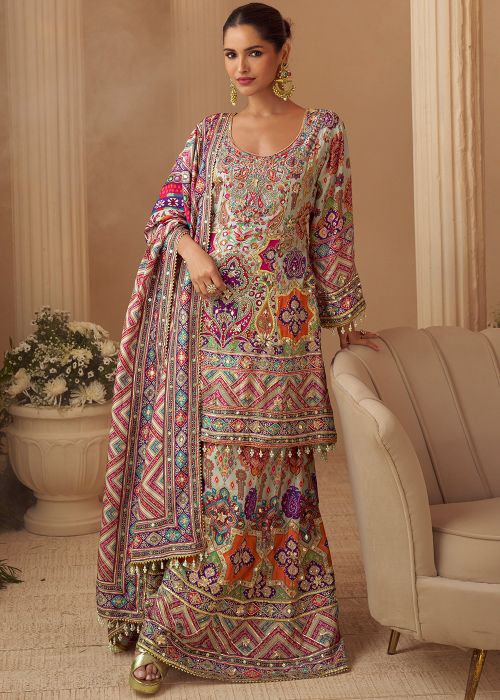 Grey Printed Crepe Palazzo Suit With Gota Accents