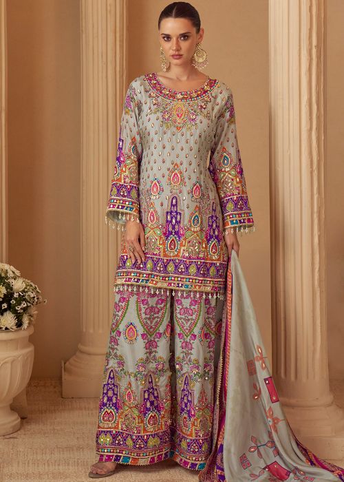 Grey Crepe Palazzo Suit With Printed Borders