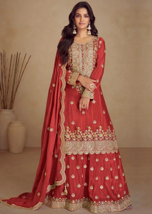 Rust Red Chiffon Sharara Suit With Resham Embroidery