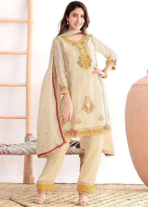 Beige Chiffon Pant Suit With Mirror Work