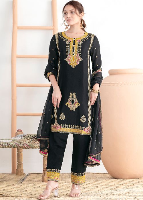 Black Chiffon Pant Suit With Dori Embroidery