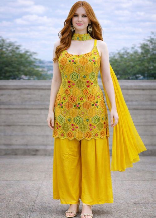 Yellow Chiffon Palazzo Suit With Thread Embroidery