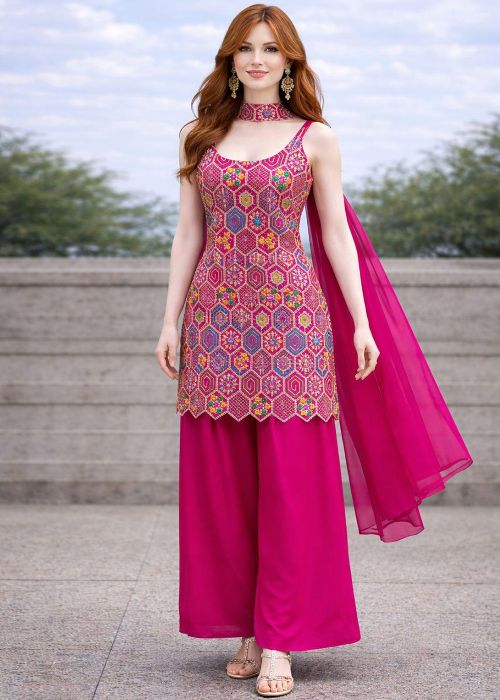 Magenta Chiffon Palazzo Suit With Sequin Work