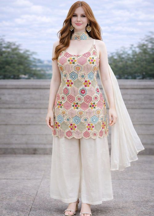White Chiffon Palazzo Suit With Thread Embroidery