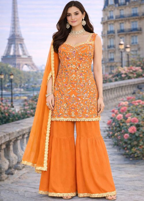 Orange Georgette Sharara Suit With Floral Embroidery