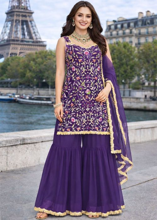 Purple Georgette Sharara Suit With Thread Embroidery