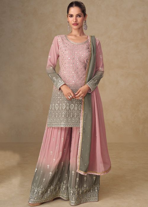 Pink & Grey Georgette Sharara Suit With Handwork